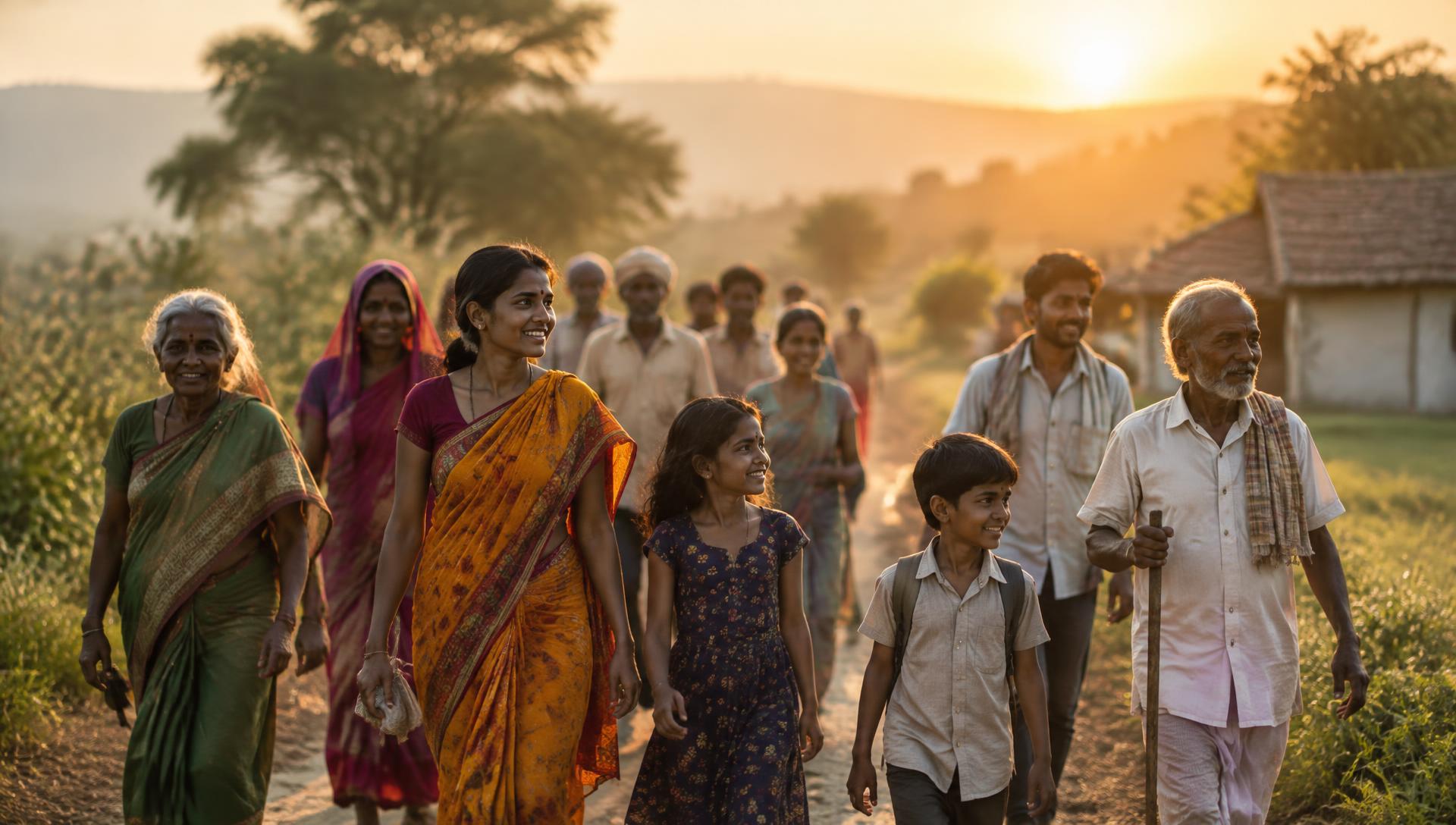 Illustrative image: village community members walking together at golden hour