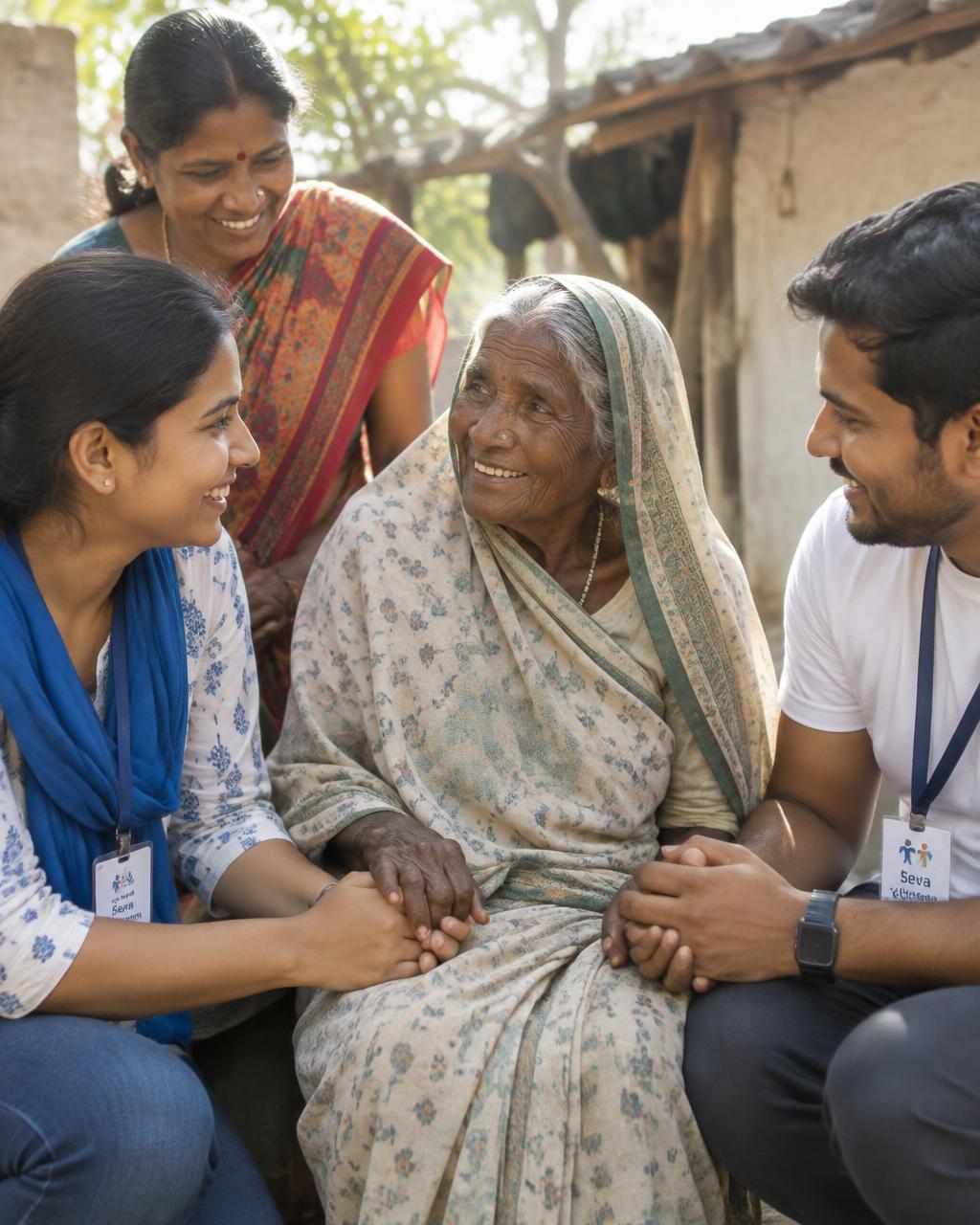 Illustrative image: volunteers holding hands with an elderly village woman