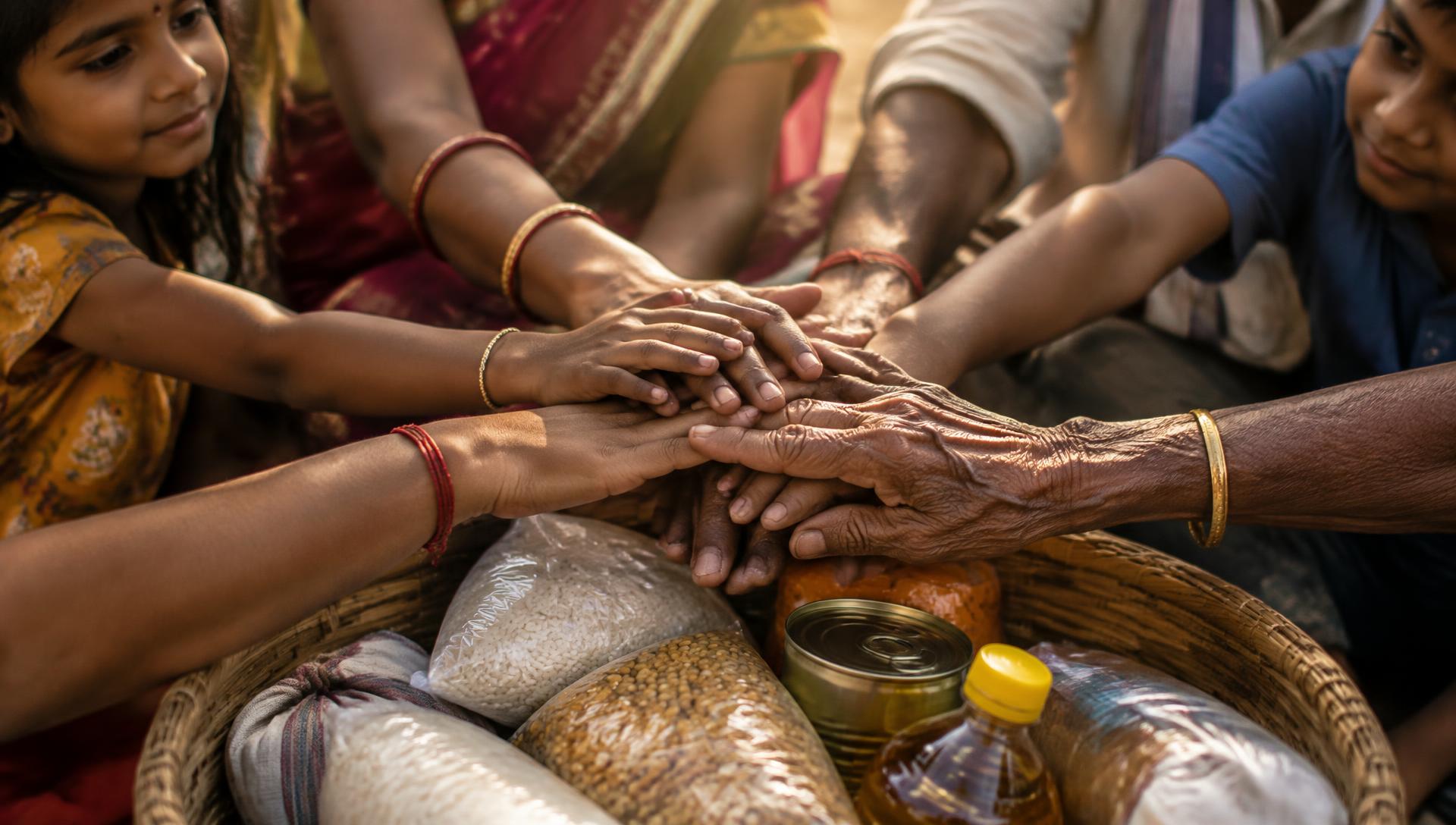 Illustrative image: many hands joined over a basket of supplies