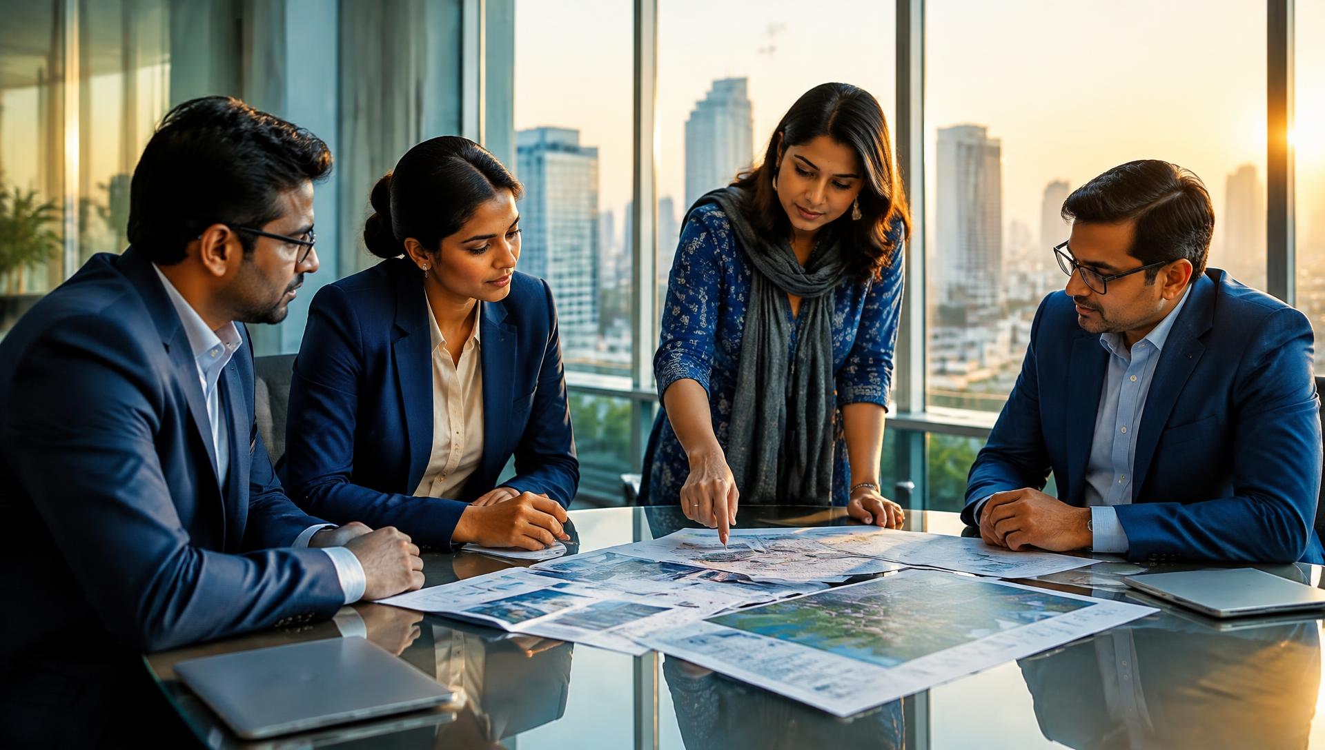 Illustrative image: a corporate team reviewing community plans in an office