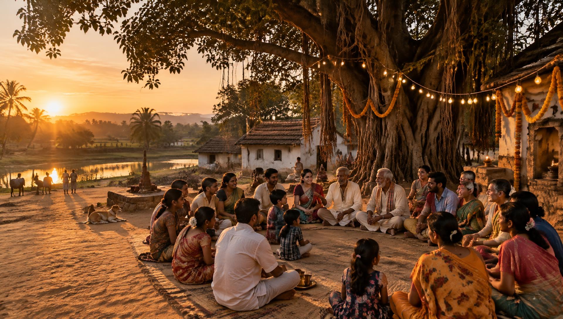 Illustrative image: villagers gathered in a circle beneath a banyan tree at sunset
