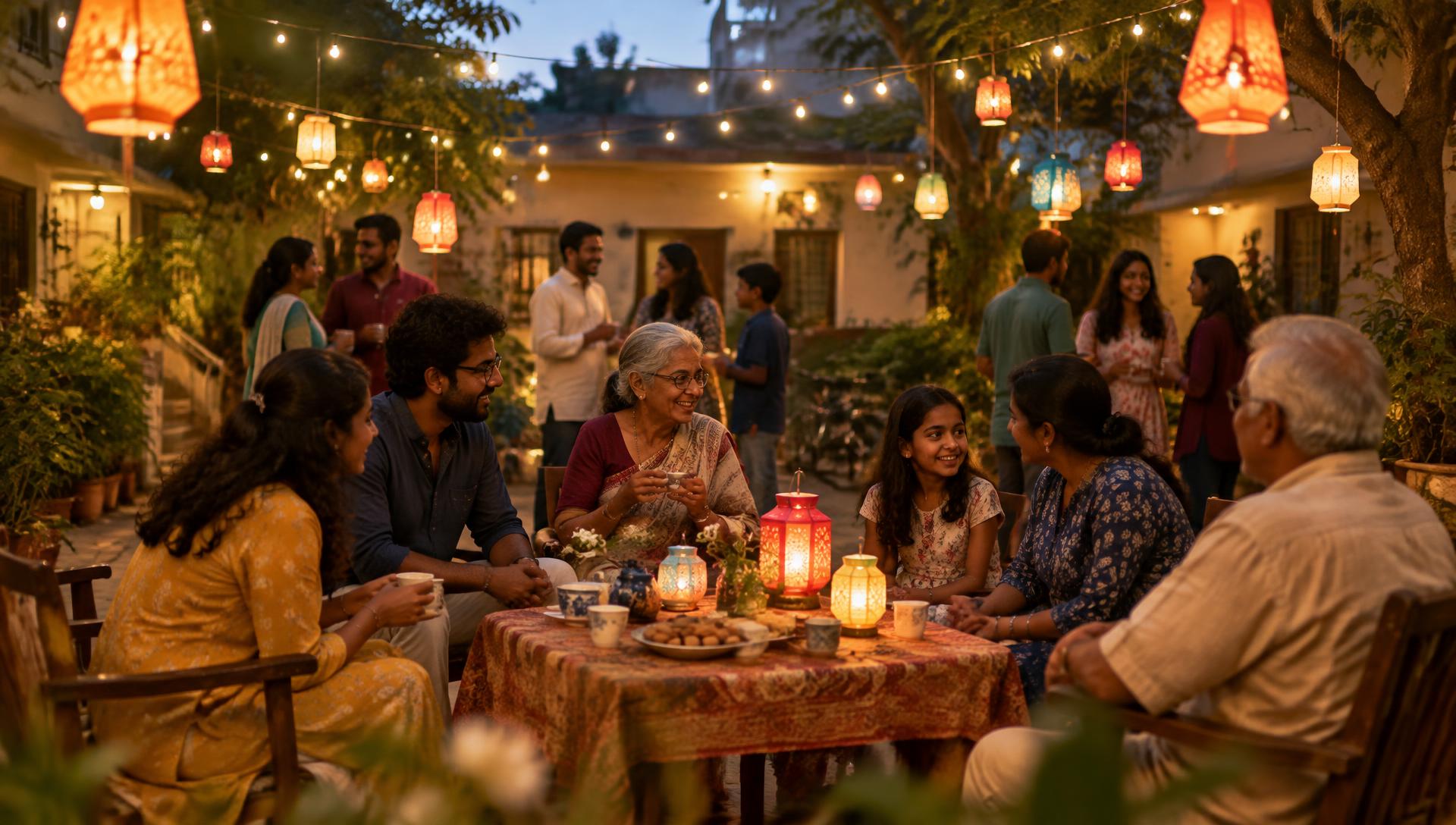 Illustrative image: neighbours gathered in a lantern-lit courtyard
