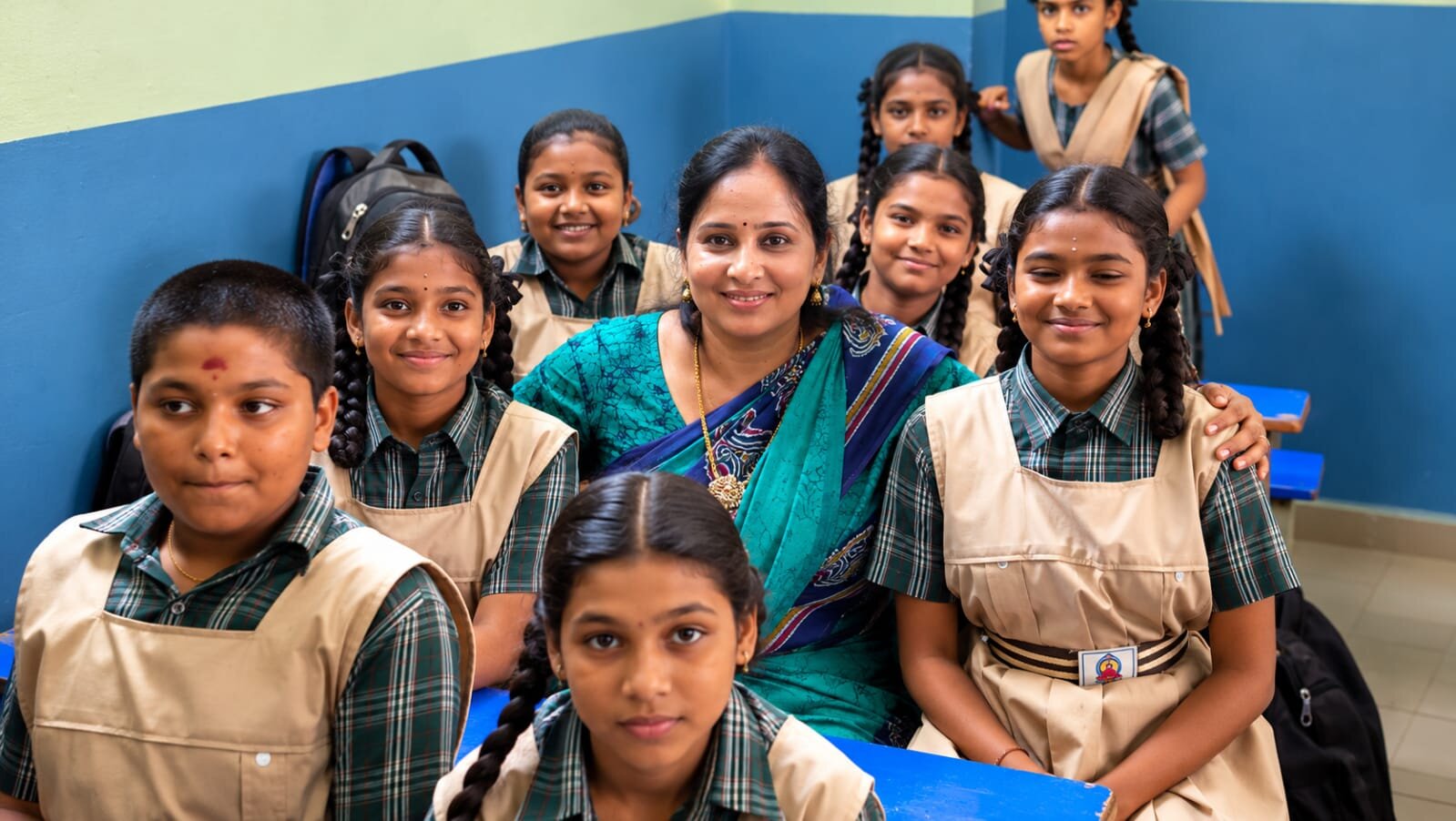 Foundation member sitting with schoolgirls during a classroom visit