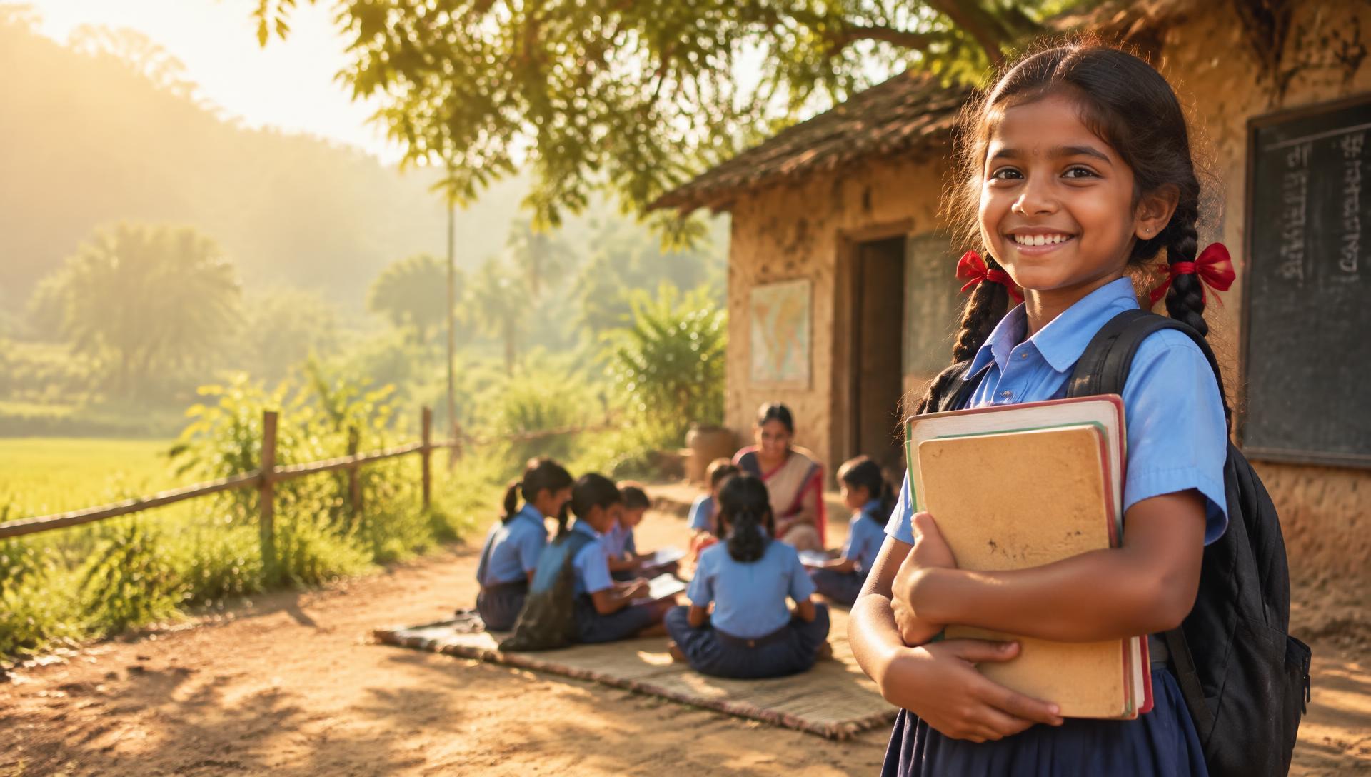 Illustrative image: a smiling schoolgirl holding books in a sunlit village