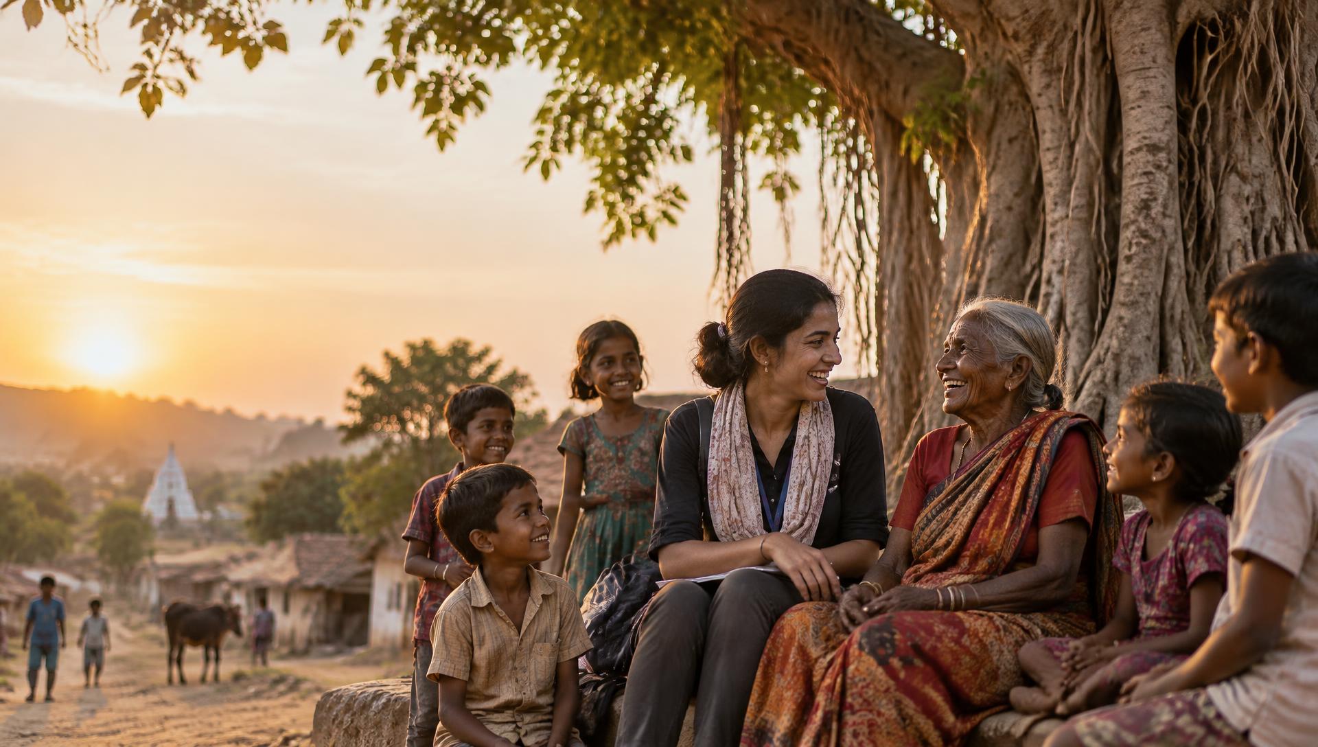 Illustrative image: a volunteer and an elderly woman talking with village children under a banyan tree