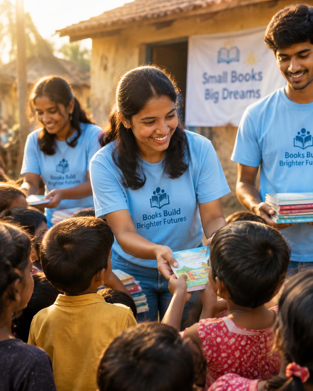Illustrative image: volunteers sharing books with children