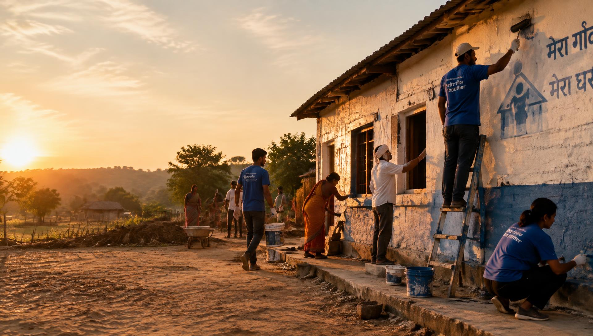 Illustrative image: volunteers and villagers repainting a community building at sunset